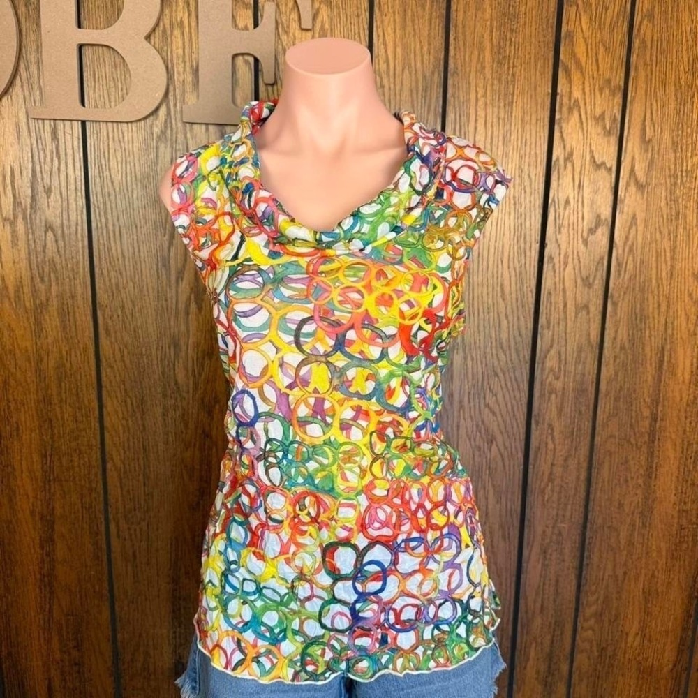 Snoskins Y2K Retro Indie Cowl Neck Top Womens XS Multi Color  Circle Print Sheer